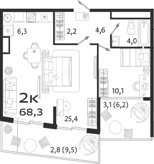 Планировка — ROYALTA, 1-комн., 53 м²