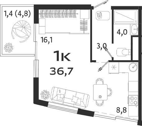 Планировка — ROYALTA, Студия, 32 м²