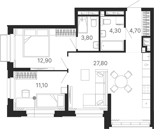 Планировка — Атлас Лайн, 3-комн., 65 м²