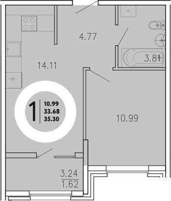 Планировка — Просторы Крыма, 1-комн., 34 м²