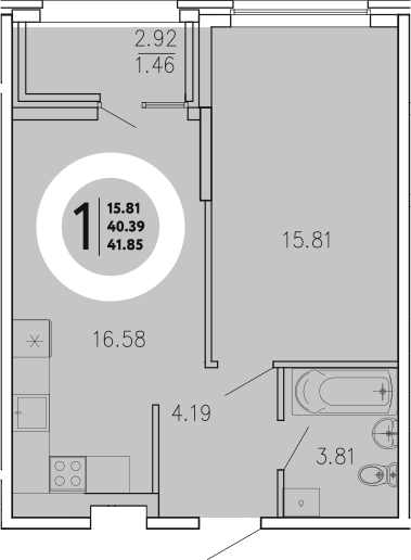 Планировка — Просторы Крыма, 1-комн., 40 м²