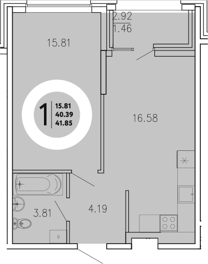 Планировка — Просторы Крыма, 1-комн., 40 м²
