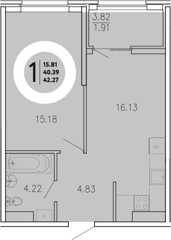 Планировка — Просторы Крыма, 1-комн., 40 м²
