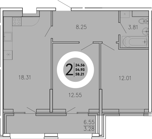 Планировка — Просторы Крыма, 2-комн., 55 м²