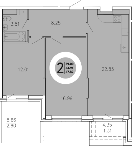 Планировка — Просторы Крыма, 2-комн., 64 м²