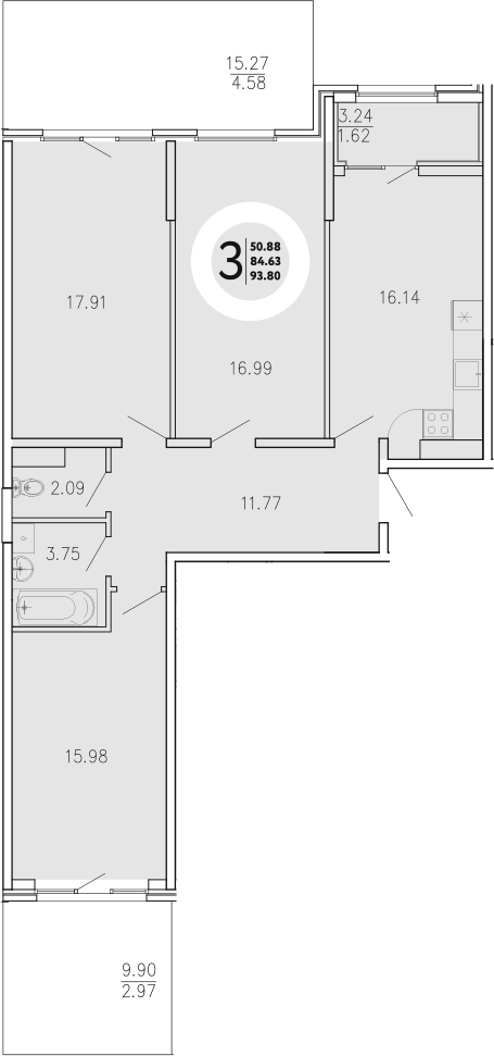 Планировка — Просторы Крыма, 3-комн., 85 м²