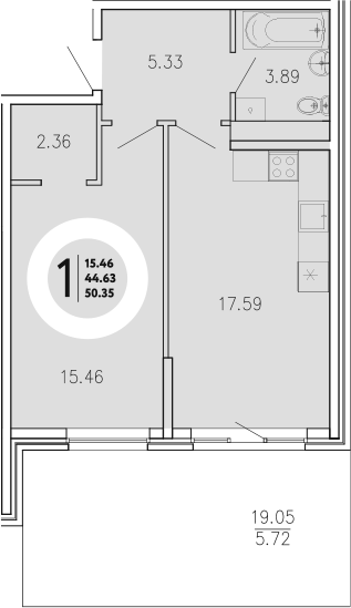 Планировка — Просторы Крыма, 1-комн., 45 м²