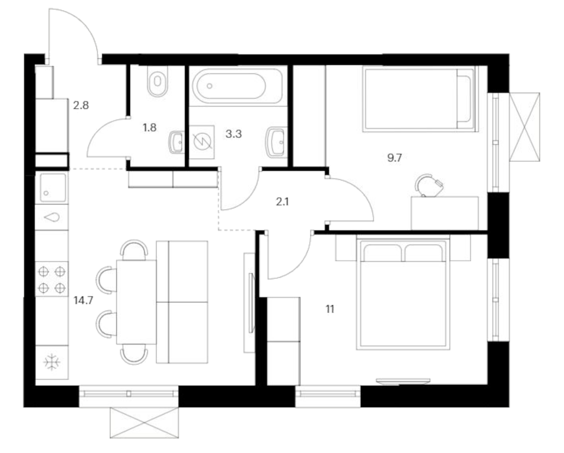 Планировка — Исеть парк, 2-комн., 45 м²