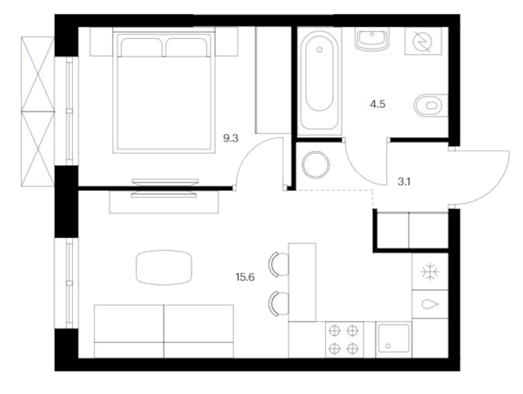 Планировка — Исеть парк, 1-комн., 33 м²