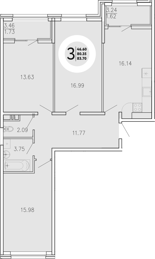Планировка — Просторы Крыма, 3-комн., 80 м²