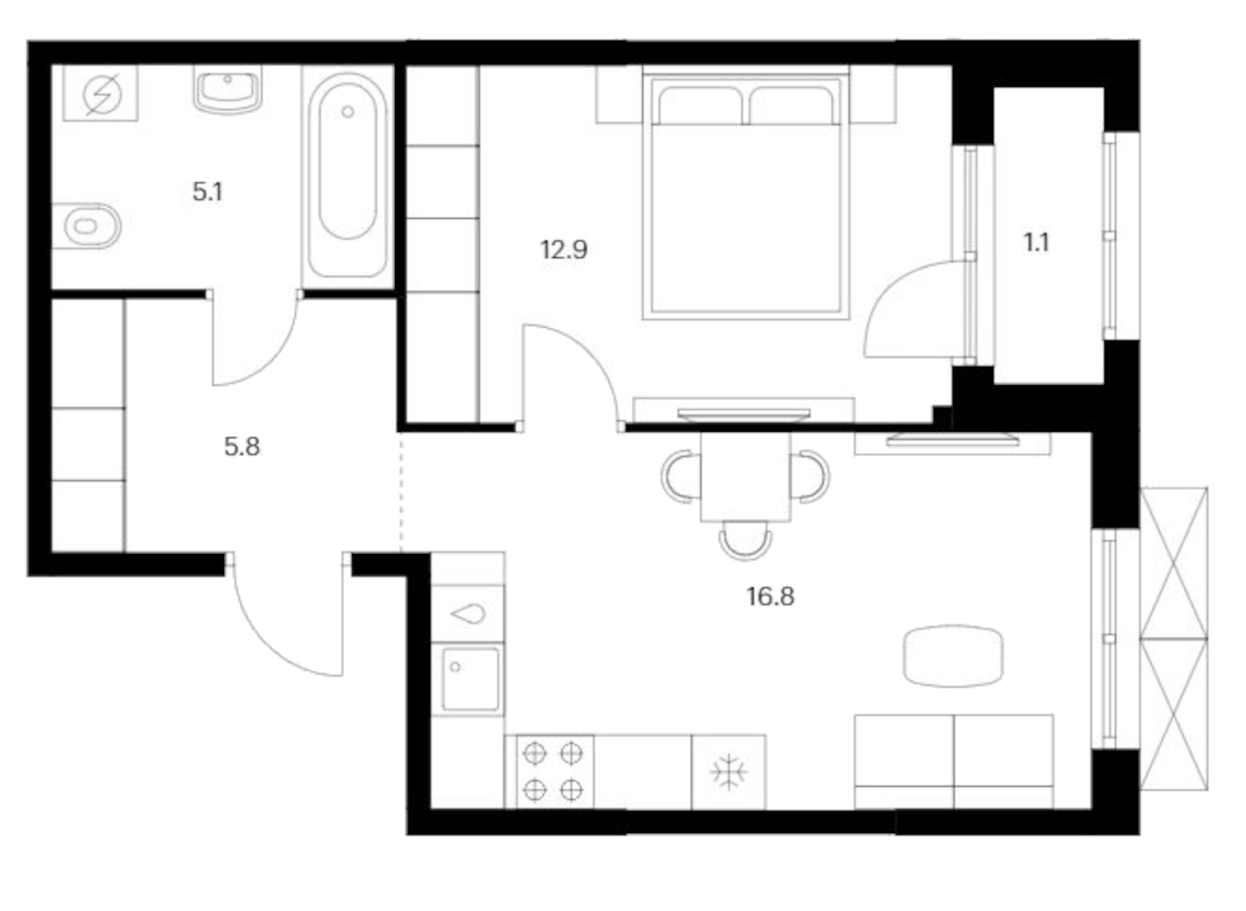 Планировка — Исеть парк, 1-комн., 41 м²