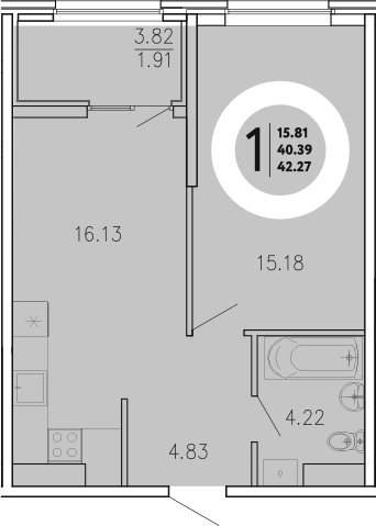 Планировка — Просторы Крыма, 1-комн., 40 м²