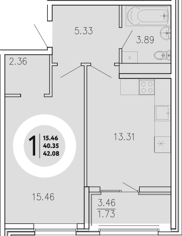 Планировка — Просторы Крыма, 1-комн., 40 м²
