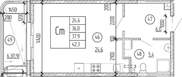 Планировка — Юсуповский, Студия, 40 м²
