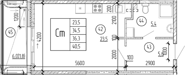 Планировка — Юсуповский, Студия, 39 м²