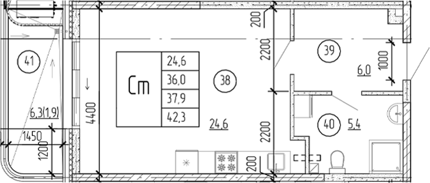 Планировка — Юсуповский, Студия, 40 м²