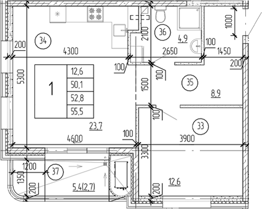 Планировка — Юсуповский, 1-комн., 53 м²