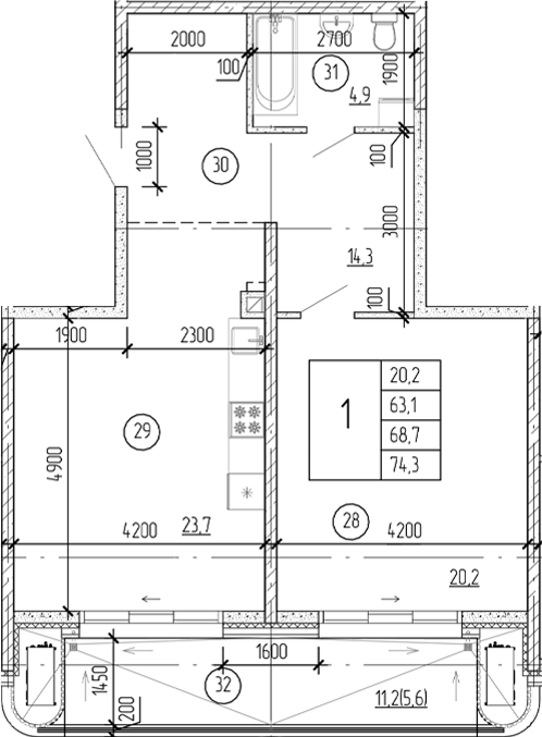 Планировка — Юсуповский, 1-комн., 69 м²