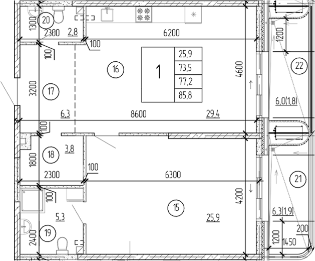 Планировка — Юсуповский, 1-комн., 82 м²