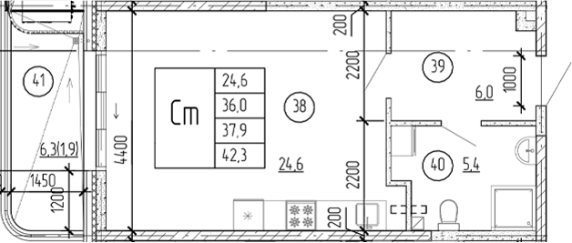 Планировка — Юсуповский, Студия, 36 м²