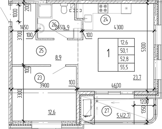 Планировка — Юсуповский, 1-комн., 50 м²