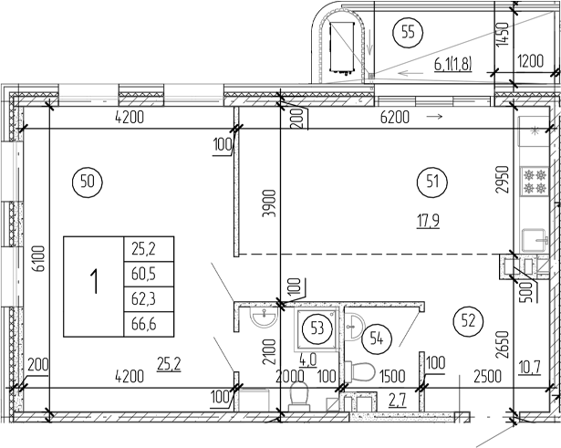 Планировка — Юсуповский, 1-комн., 61 м²