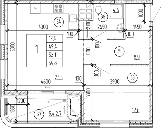 Планировка — Юсуповский, 1-комн., 49 м²