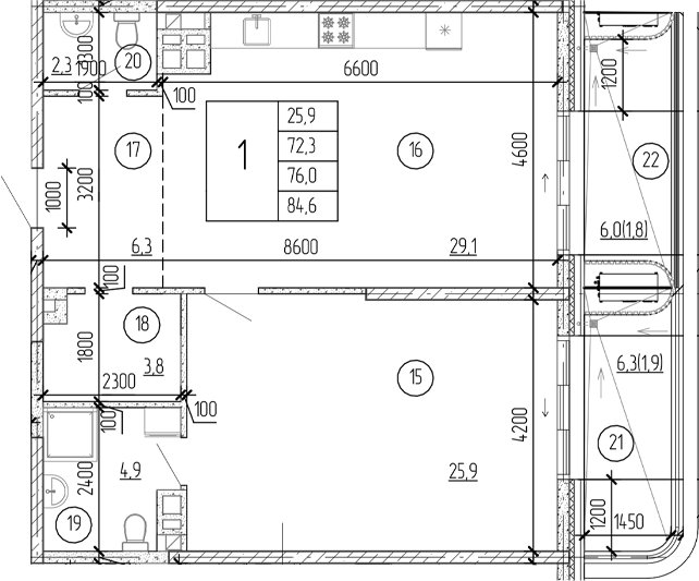 Планировка — Юсуповский, 1-комн., 72 м²