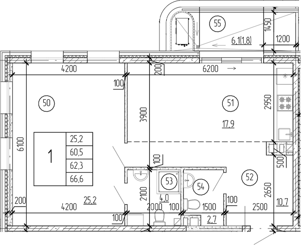 Планировка — Юсуповский, 1-комн., 67 м²