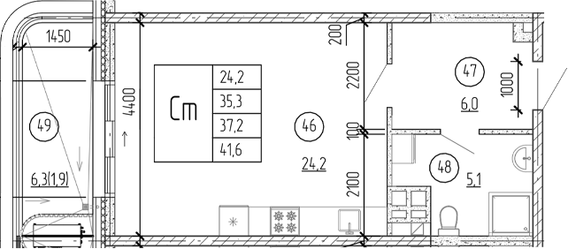 Планировка — Юсуповский, Студия, 40 м²