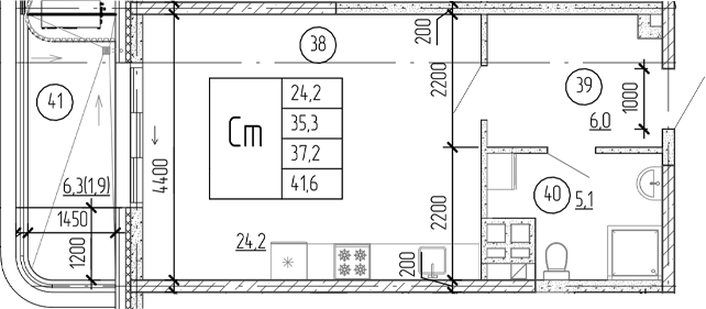 Планировка — Юсуповский, Студия, 40 м²