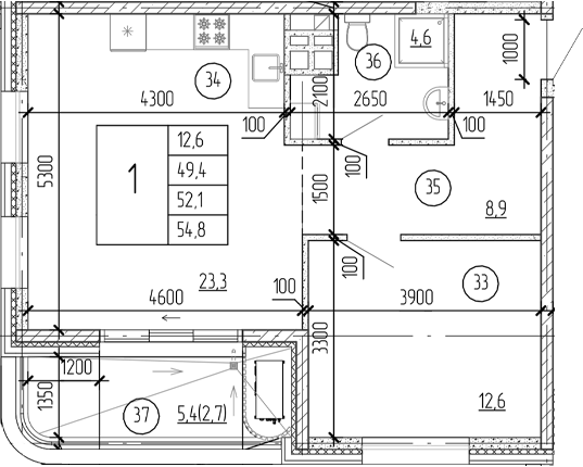 Планировка — Юсуповский, 1-комн., 52 м²