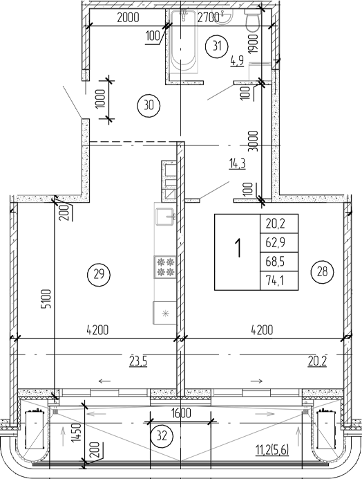 Планировка — Юсуповский, 1-комн., 69 м²