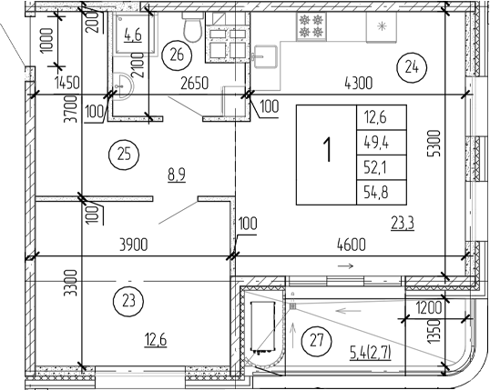 Планировка — Юсуповский, 1-комн., 52 м²