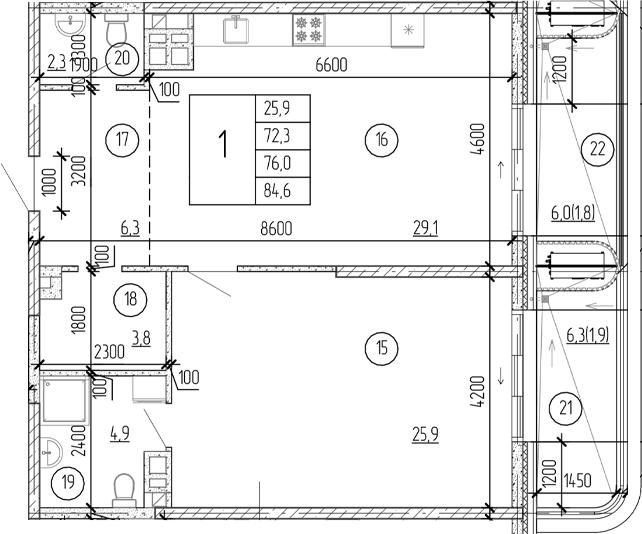 Планировка — Юсуповский, 1-комн., 81 м²