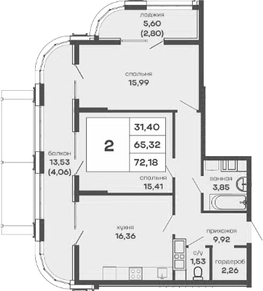 Планировка — Скай Парк, 2-комн., 65 м²