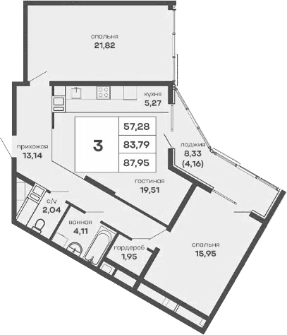 Планировка — Скай Парк, 3-комн., 84 м²