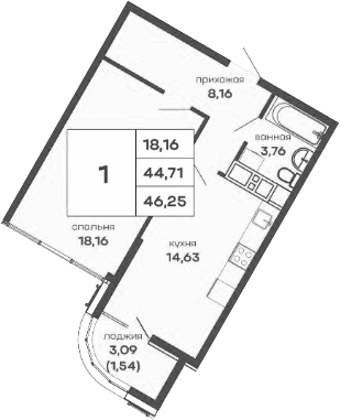 Планировка — Скай Парк, 1-комн., 45 м²