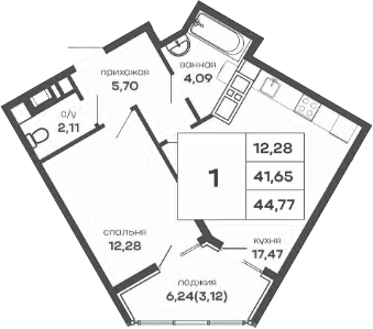 Планировка — Скай Парк, 1-комн., 42 м²