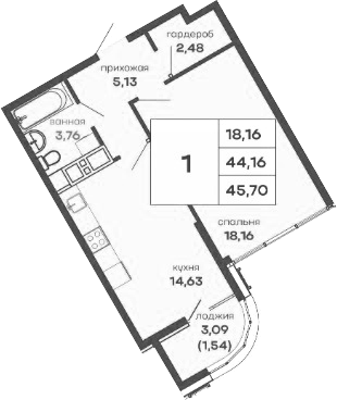 Планировка — Скай Парк, 1-комн., 44 м²