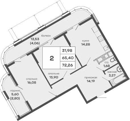 Планировка — Скай Парк, 2-комн., 65 м²