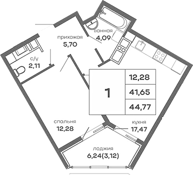 Планировка — Скай Парк, 1-комн., 42 м²