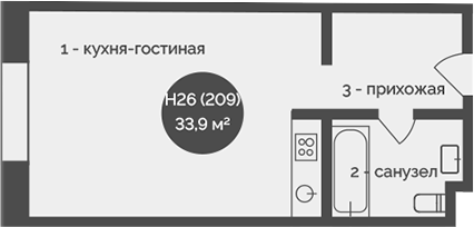 Планировка — У Причала, 1-комн., 34 м²