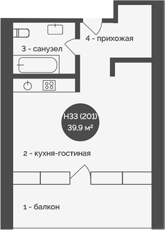 Планировка — У Причала, 1-комн., 40 м²