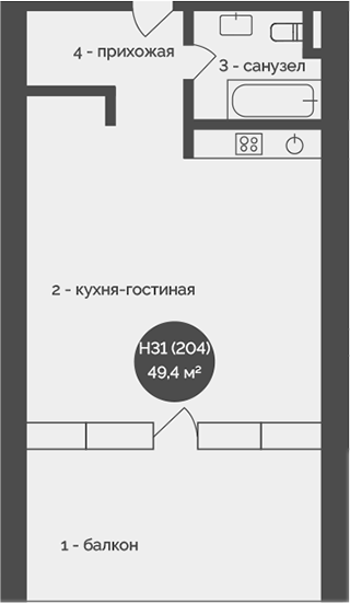 Планировка — У Причала, 1-комн., 49 м²