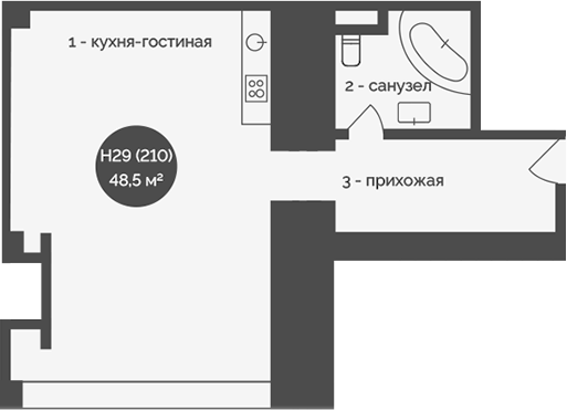 Планировка — У Причала, 1-комн., 49 м²