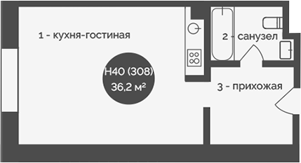 Планировка — У Причала, 1-комн., 36 м²