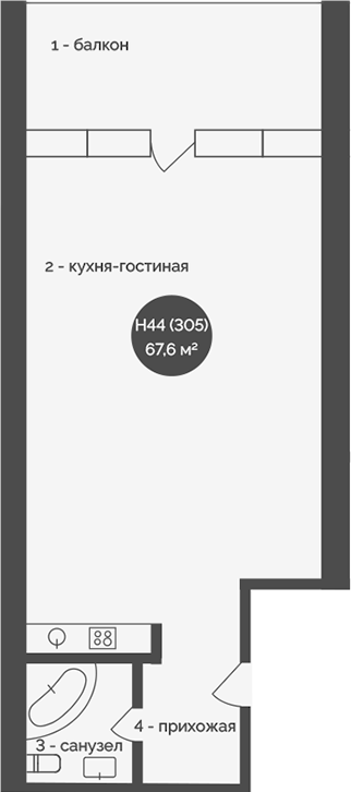 Планировка — У Причала, 1-комн., 68 м²