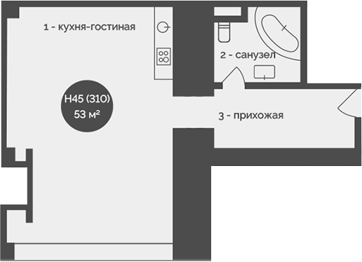 Планировка — У Причала, 1-комн., 53 м²