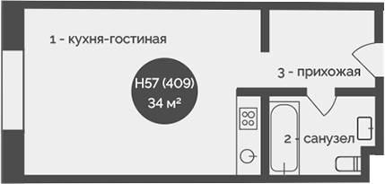 Планировка — У Причала, 1-комн., 34 м²